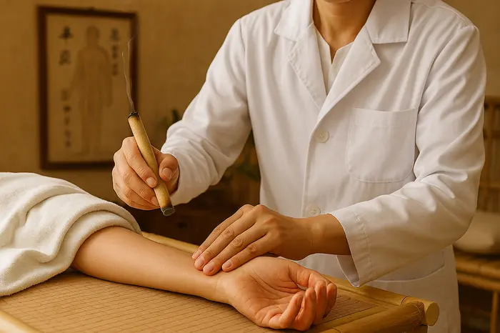 Quá trình chậm sóc bẳng chục nàm Y học cổ truyền - bác sĩ thực hiện chậm cụ chăm chữ trị trên bệnh nhân