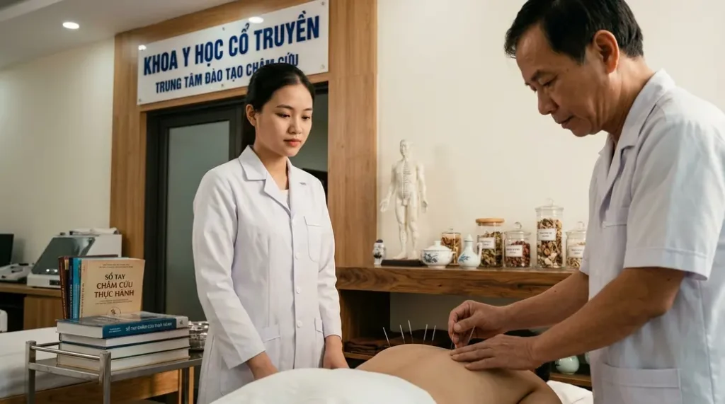 Sinh viên Y học cổ truyền thực hành châm cứu trong môi trường đào tạo bài bản