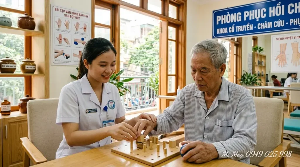 Sinh viên Y học cổ truyền hỗ trợ người bệnh phục hồi vận động bằng châm cứu, xoa bóp bấm huyệt và trị liệu không dùng thuốc