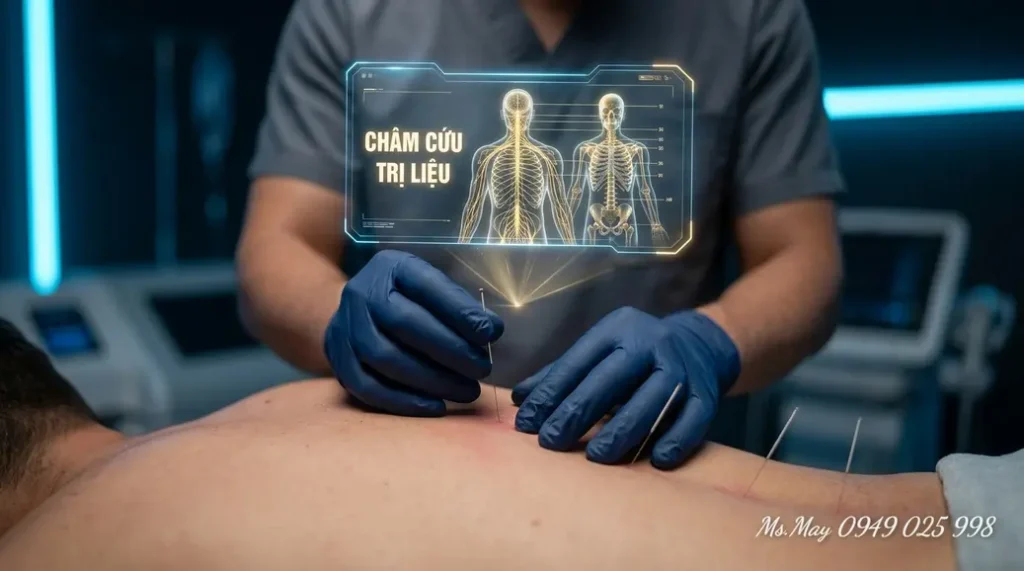 Bác sĩ châm cứu kết hợp hình ảnh giải phẫu thần kinh hiện đại trên lưng người bệnh