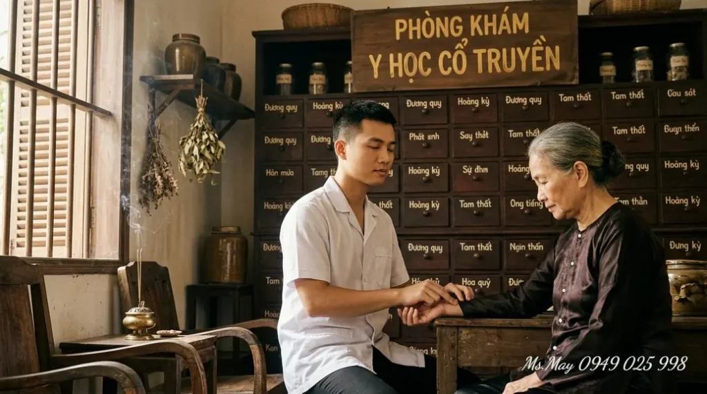 Sinh viên Y học cổ truyền đang tập trung bắt mạch bệnh nhân, hình ảnh minh họa cho người hướng nội làm nghề y