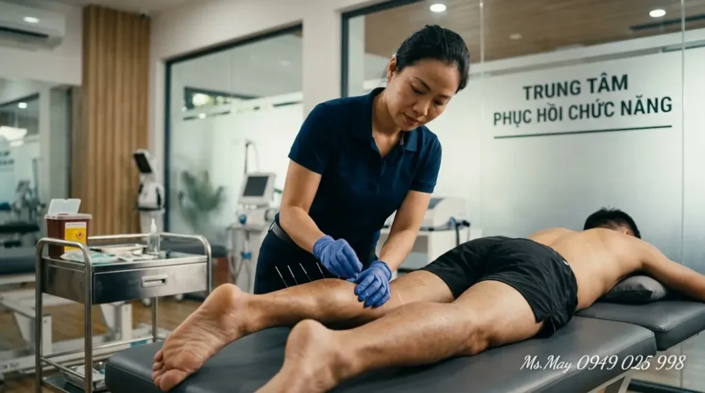 Chuyên gia y học cổ truyền đang xoa bóp phục hồi chấn thương cho vận động viên thể thao