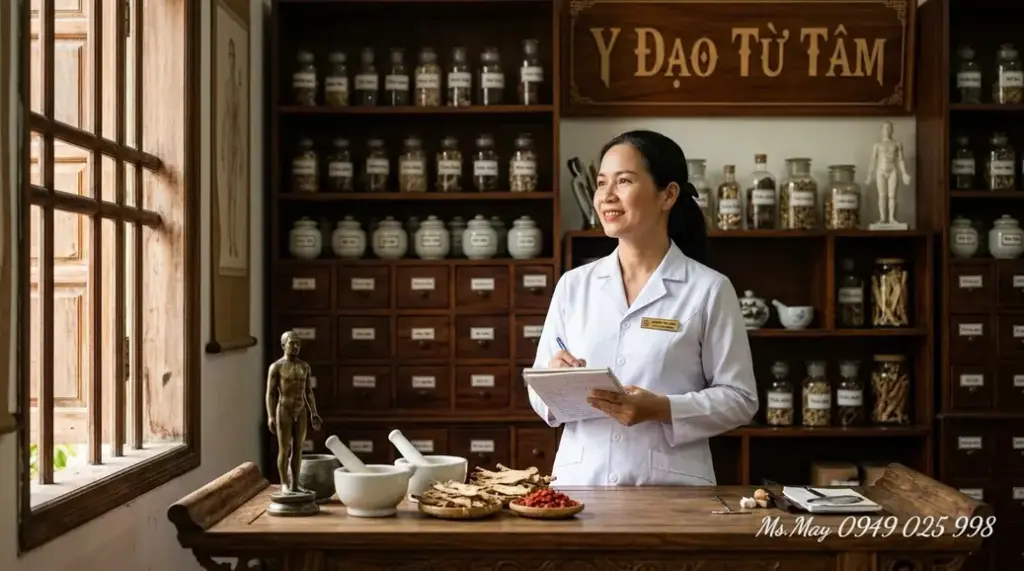 Một người đang pha trà thảo dược trong không gian gần gũi thiên nhiên.