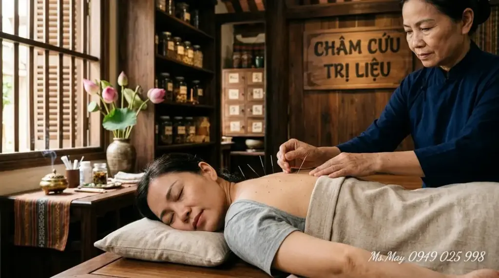 Một người đang day huyệt thái dương để giảm đau đầu căng thẳng.