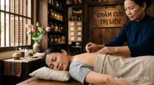 Một người đang day huyệt thái dương để giảm đau đầu căng thẳng.
