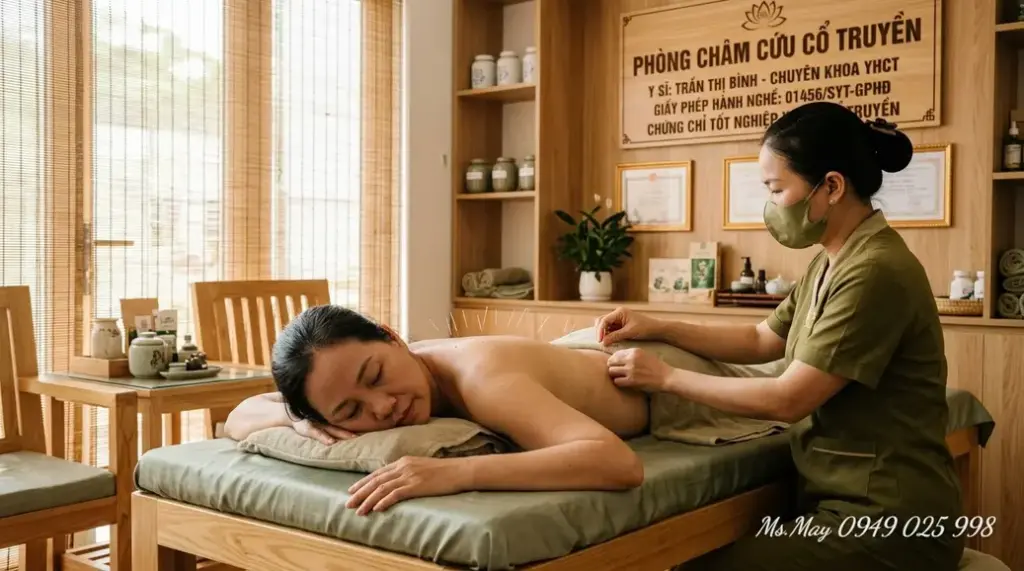 Bác sĩ YHCT đang thực hiện châm cứu giảm đau cho bệnh nhân trên lưng.