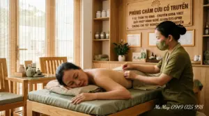 Bác sĩ YHCT đang thực hiện châm cứu giảm đau cho bệnh nhân trên lưng.