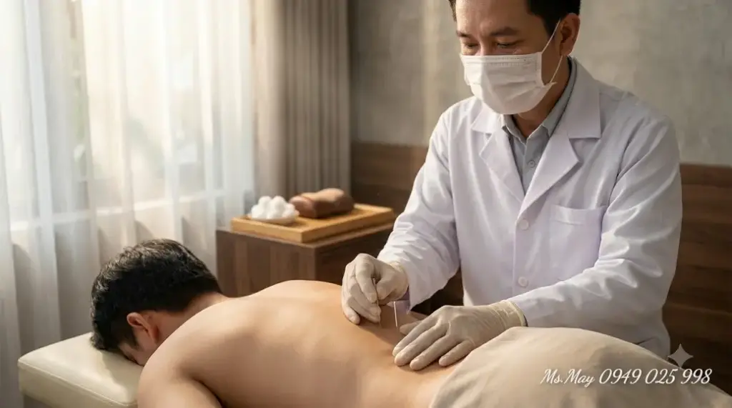 Bác sĩ thực hiện châm cứu hỗ trợ phục hồi vận động cho bệnh nhân sau tai biến