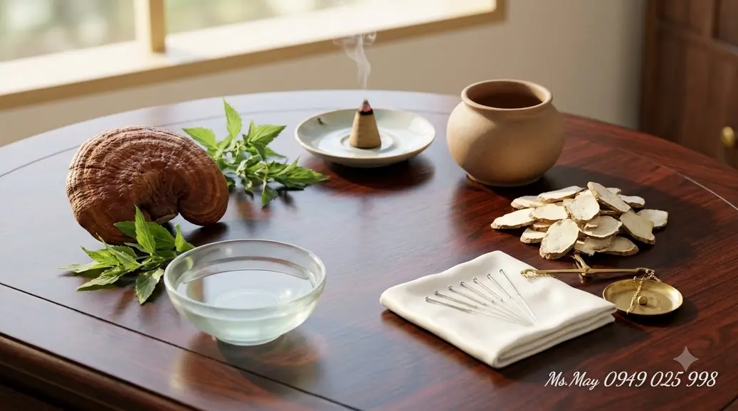 Thầy thuốc Đông y đang bắt mạch và thăm khám cho người bệnh