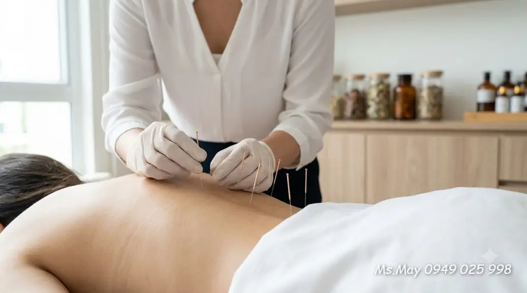 Bác sĩ Y học cổ truyền thực hiện châm cứu giảm đau vùng cổ vai gáy