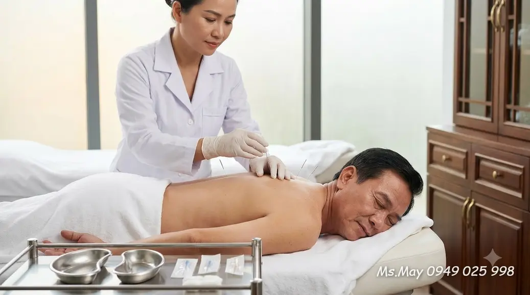 Bác sĩ thực hiện bấm huyệt hỗ trợ thư giãn cho người cao huyết áp
