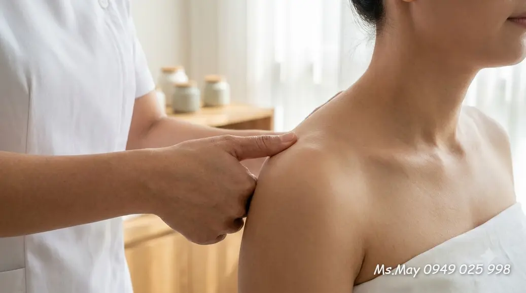 Kỹ thuật viên thực hiện bấm huyệt xoa bóp cổ truyền theo kinh lạc