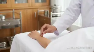 Bác sĩ y học cổ truyền thực hiện châm cứu bấm huyệt cho người bệnh