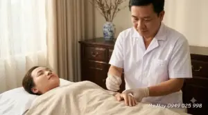 Kỹ thuật viên YHCT thực hiện xoa bóp bấm huyệt trị liệu bằng đôi tay